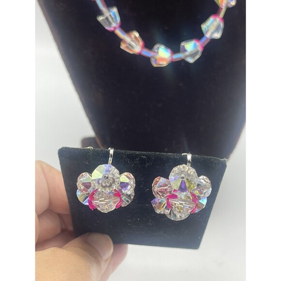 Vintage Vendome Aurora Borealis Crystal Fuschia Metal Necklace Earring Set Rare - Picture 5 of 15